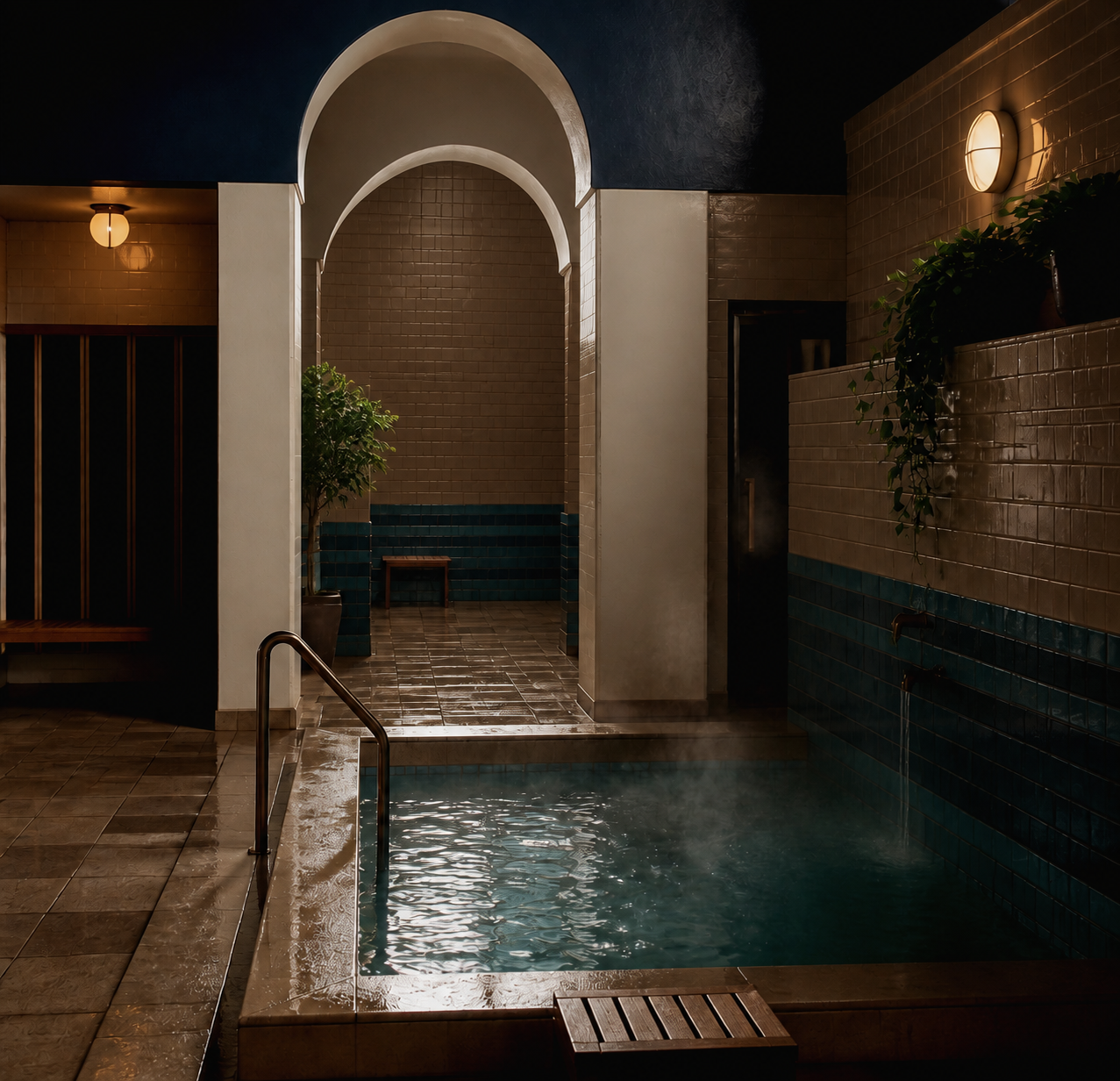 A clean, modern bathhouse interior with a tiled pool and arched doorway