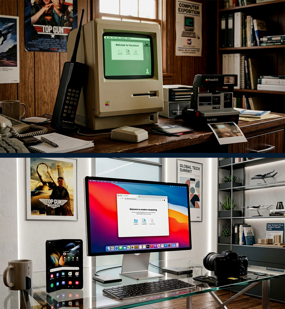 A 1985 Macintosh computer shown above a contemporary computer workspace